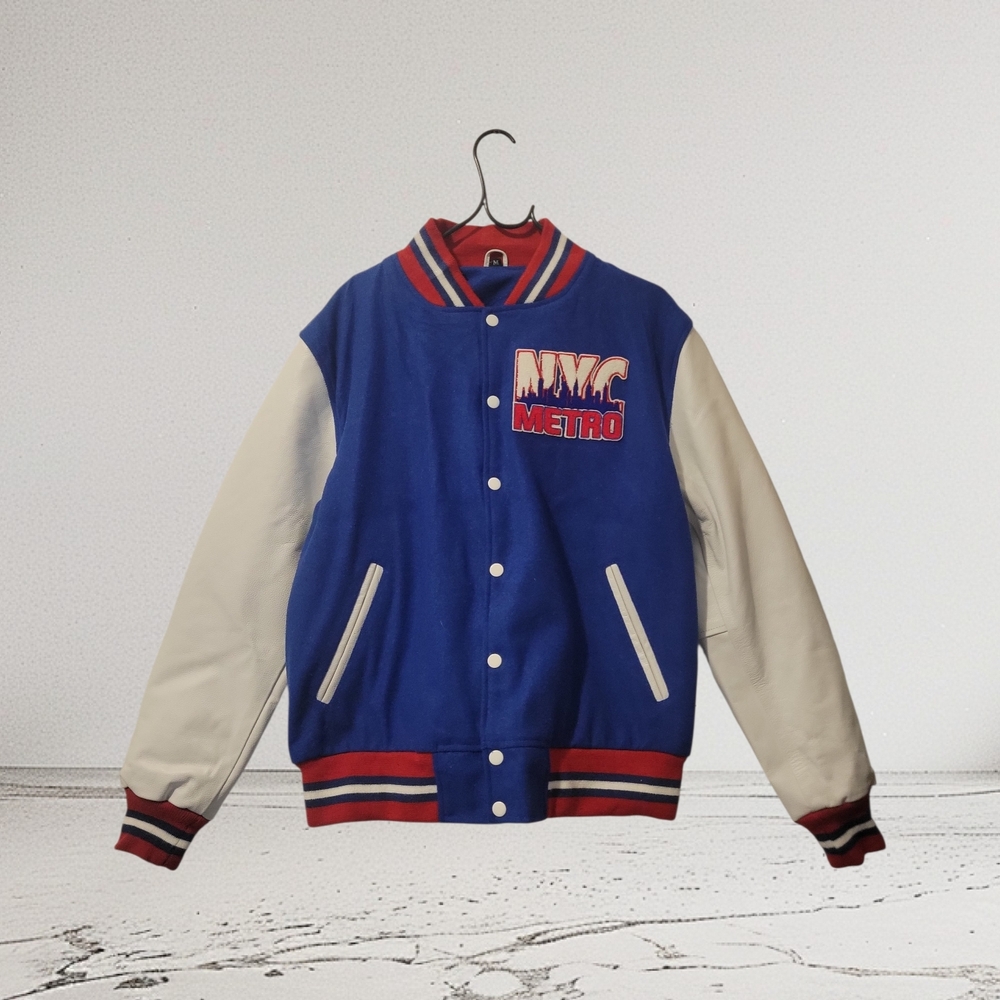 ​Vintage NYC Metro Varsity Jacket - Bring The Heat! - Blue/White - Size M - Rare